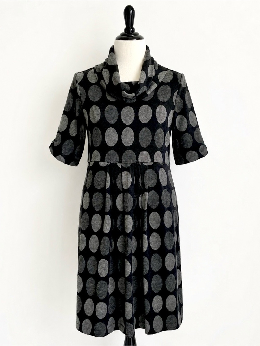 Robbie Bee Dress 14 Black Gray Polka Dot Knit Cowl Neck Elbow Half Sleeve Y2K